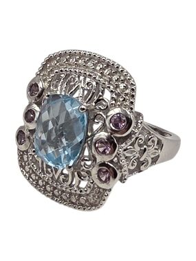 ​STS Karis Faceted Blue Topaz & Amethyst Statement Cocktail Ring Size 7